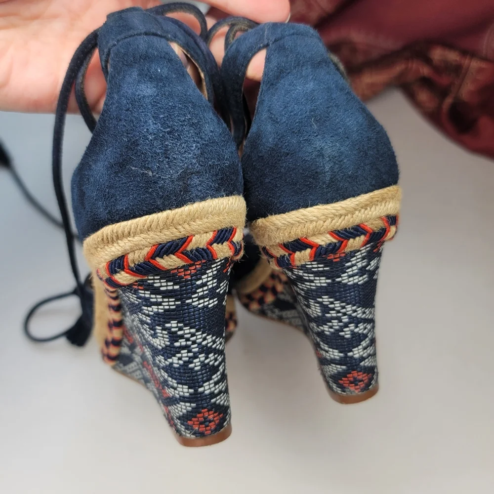 Cabi Wedge Sandals Blue Boho Ankle Wrap Size 9